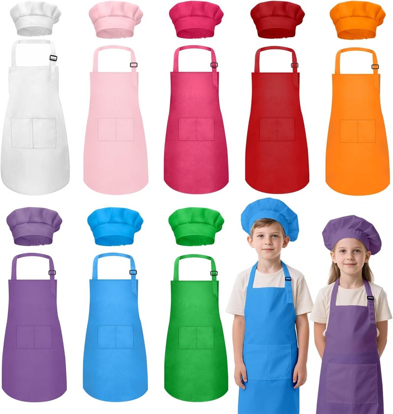 IAGBIBUI Kids Apron and Chef Hat Set, 16 Pieces Boys Girls Kids Apron with 2 Pockets Adjustable for Cooking Classroom Baking Painting, 6-13 Years, Multicolor - Image 1